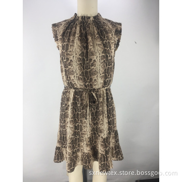 fashion snake printed smocking neck ladies dress